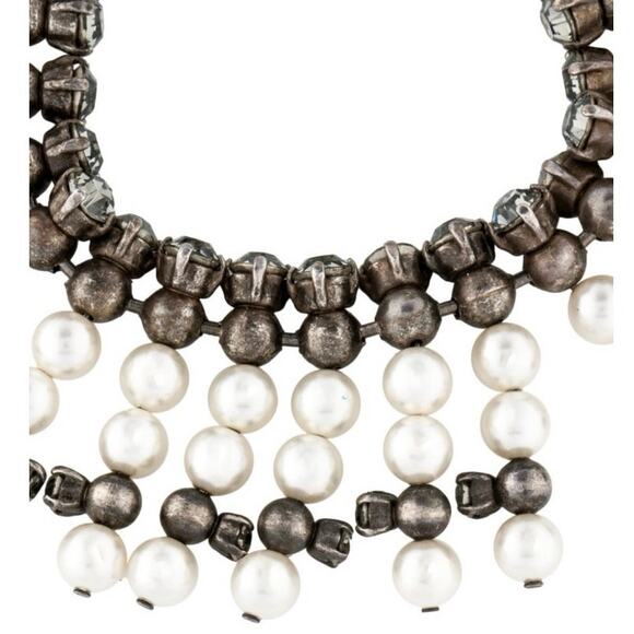 Lanvin White Faux Pearl Gray Crystal Beaded Toggle Antique Gunmetal Bracelet - Picture 9 of 10